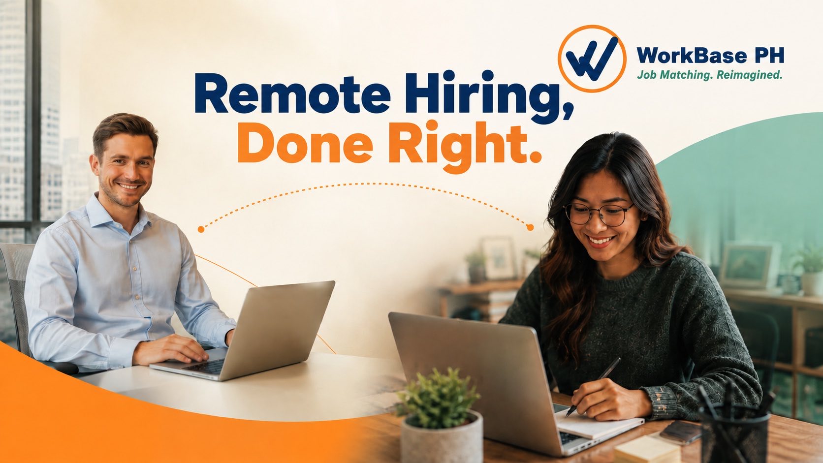 WorkBase PH — Remote Hiring, Done Right. Two professionals working remotely on laptops.