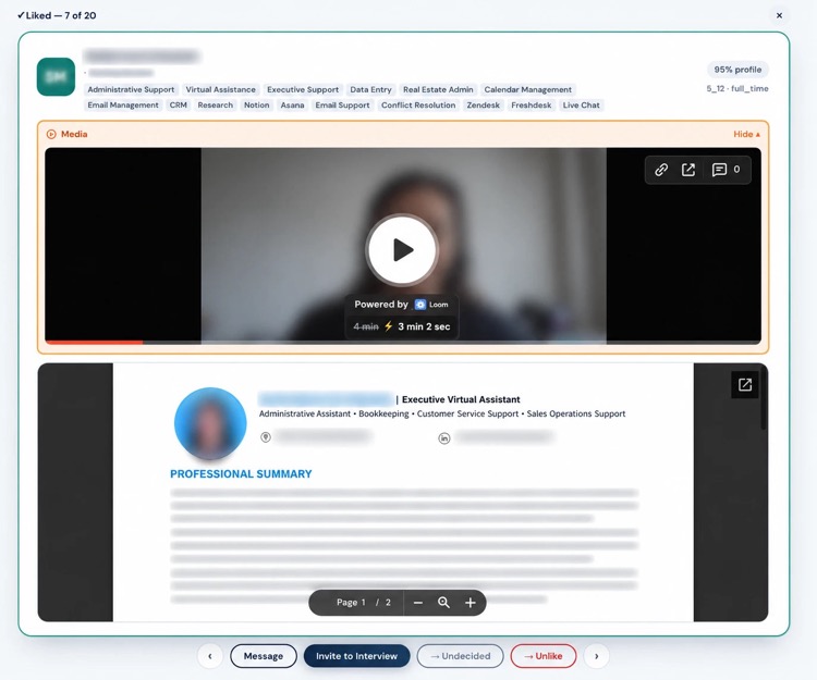 A liked candidate in Browse Talent, with Message and Invite to Interview buttons